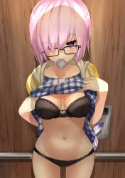 Rule 34 | 1girl, bad id, bad pixiv id, black-framed eyewear, black bra, black panties, bra, breasts, clothes lift, condom, condom in mouth, dress, dress lift, elevator, eyes visible through hair, fate/grand order, fate (series), glasses, hair over one eye, looking at viewer, mash kyrielight, mash kyrielight (senpai killer outfit), medium breasts, mouth hold, naughty face, navel, official alternate costume, panties, pink eyes, pink hair, pinky out, pinta (ayashii bochi), short hair, smile, solo, underwear