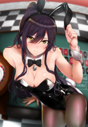 Rule 34 | 1girl, amagasa ikuta, animal ears, bare shoulders, black bow, black bowtie, black hair, black hairband, blurry, blurry background, bow, bowtie, breasts, casino, cleavage, commentary request, detached collar, dog tail, eyes visible through hair, fake animal ears, hair between eyes, hairband, hand up, highres, idolmaster, idolmaster shiny colors, leaning forward, leotard, long hair, looking at viewer, medium breasts, pantyhose, playboy bunny, ponytail, rabbit ears, roulette table, shirase sakuya, solo, sweat, table, tail, wrist cuffs, yellow eyes