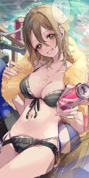 Rule 34 | 1girl, absurdres, bikini, blush, bracelet, breasts, brown hair, can, cleavage, collarbone, commentary request, earrings, fingernails, front-tie bikini top, front-tie top, giving, glint, green eyes, head tilt, highres, holding, holding can, idolmaster, idolmaster cinderella girls, jewelry, kimura natsuki, layered bikini, looking at viewer, mashrkii, medium breasts, nail polish, navel, necklace, side-tie bikini bottom, smile, solo, speech bubble, stomach, sweat, swimsuit, translation request, yellow towel
