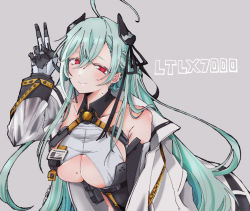 Rule 34 | 1girl, ahoge, aqua hair, arm up, bare shoulders, bodysuit, breasts, character name, citron80citron, cleavage, cleavage cutout, closed mouth, clothes pull, clothing cutout, collarbone, earrings, eye piercing, girls&#039; frontline, gloves, grey background, highres, id card, jacket, jacket pull, jewelry, large breasts, long hair, looking at viewer, ltlx 7000 (girls&#039; frontline), mole, mole on breast, mole on neck, open clothes, open jacket, red eyes, revealing clothes, sideboob, sideboob cutout, skin tight, smile, solo, underboob, underboob cutout, upper body, v, white jacket