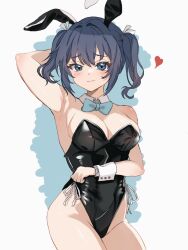 Rule 34 | 1girl, alternate costume, animal ears, bare legs, black hair, black leotard, blue bow, blue bowtie, blue eyes, bow, bowtie, breasts, cleavage, commentary request, detached collar, ema (user yxkv5345), fake animal ears, kantai collection, leotard, medium breasts, medium hair, one-hour drawing challenge, playboy bunny, rabbit ears, solo, souryuu (kancolle), strapless, strapless leotard, twintails, wrist cuffs