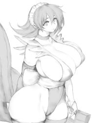Rule 34 | 1girl, breasts, choker, cleavage, closed mouth, collarbone, covered navel, cowboy shot, curvy, detached sleeves, fumio (rsqkr), highleg, highleg leotard, holding, holding weapon, huge breasts, iroha (samurai spirits), leotard, looking at viewer, maid, maid headdress, monochrome, partially visible vulva, samurai spirits, short hair, simple background, solo, thick thighs, thighs, weapon, wide hips