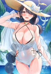 Rule 34 | 1girl, bare shoulders, beach, black hair, blue archive, blue sky, blush, breasts, choker, cleavage, collarbone, covered navel, earrings, hair over one eye, halo, hat, highres, hinata (blue archive), hinata (swimsuit) (blue archive), jewelry, large breasts, long hair, looking at viewer, official alternate costume, one-piece swimsuit, open mouth, palm tree, red eyes, sky, smile, solo, sun hat, super nagoyaka, swept bangs, swimsuit, tree, wet, white one-piece swimsuit, yellow hat