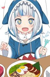 Rule 34 | 1girl, :d, animal hood, blue eyes, blue hair, blue hoodie, commentary, drawstring, egg, english commentary, food, gawr gura, gawr gura (1st costume), heart, highres, hitsukuya, holding, hololive, hololive english, hood, hood up, hoodie, long sleeves, multicolored hair, noodles, open mouth, plate, polearm, ramen, shark hood, sharp teeth, signature, silver hair, sleeves past wrists, smile, solo, streaked hair, teeth, trident, v-shaped eyebrows, virtual youtuber, weapon, wide sleeves