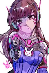 Rule 34 | 1girl, aiming, aiming at viewer, bodysuit, breasts, brown eyes, brown hair, blowing bubbles, charm (object), chewing gum, d.va (overwatch), emuku, facial mark, finger on trigger, gloves, gun, handgun, head tilt, headphones, holding, holding gun, holding weapon, long hair, looking at viewer, medium breasts, overwatch, overwatch 1, pilot suit, pistol, simple background, sketch, solo, swept bangs, upper body, weapon, whisker markings, white background, white gloves