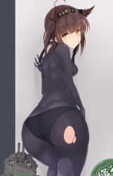 Rule 34 | 1girl, @ @, absurdres, ahoge, anchor symbol, arm at side, ass, back, black bodysuit, black hairband, black panties, blunt bangs, bodysuit, breasts, brown hair, closed mouth, clothes writing, commentary request, cowboy shot, from behind, hair flaps, hairband, hand on wall, hand up, hatsuzuki (kancolle), highres, kantai collection, looking at viewer, looking back, low ponytail, machinery, maruyaa (malya1006), medium hair, panties, panties under bodysuit, shoulder blades, skin tight, small breasts, solo, torn clothes, turret, underwear, yellow eyes