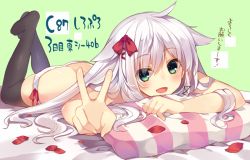 Rule 34 | 1girl, anceril sacred, bad id, bad twitter id, black thighhighs, green eyes, hair flaps, hair ornament, hair ribbon, legs up, long hair, looking at viewer, lying, mishima kurone, on stomach, open mouth, original, panties, petals, pillow, ribbon, solo, thighhighs, topless, underwear, underwear only, v, white hair