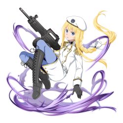 Rule 34 | 1girl, alice zuberg, black gloves, blonde hair, blue eyes, blue pants, boots, bow, braid, braided ponytail, coat, cross-laced footwear, floating hair, full body, gloves, grey footwear, gun, hair bow, hat, highres, holding, holding gun, holding weapon, knee boots, lace-up boots, long hair, long sleeves, military coat, military hat, official alternate costume, pants, parted lips, ponytail, rifle, shiny footwear, single braid, solo, sword art online, transparent background, very long hair, weapon, white bow, white coat, white hat