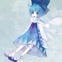 Rule 34 | 1girl, :o, bad id, bad pixiv id, blue eyes, blue hair, bobby socks, cirno, coat, dress, female focus, mary janes, matching hair/eyes, open mouth, pechika, perfect cherry blossom, ribbon, scarf, see-through, shoes, short hair, socks, solo, touhou, wings