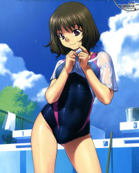 Rule 34 | 1girl, brown hair, bucket, chain-link fence, cleaning brush, clothes lift, cloud, comic megastore, cowboy shot, day, empty pool, fence, highres, looking at viewer, non-web source, one-piece swimsuit, outdoors, pool, purple eyes, scan, scan artifacts, see-through, shiny clothes, shirt, shirt lift, short hair, sky, smirk, solo, standing, swimsuit, swimsuit under clothes, towel, tree, wet, wet clothes, wet shirt