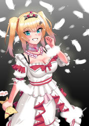 Rule 34 | 1girl, akai haato, akai haato (6th costume), blonde hair, blue eyes, blush, breasts, choker, cleavage, commentary, dress, english text, eyes visible through hair, feathers, grin, haaton (akai haato), hair ornament, highres, hololive, large breasts, looking at viewer, mnmtn, short twintails, smile, squeezing, tiara, twintails, virtual youtuber, white choker, white dress