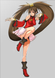 Rule 34 | 1girl, arc system works, boots, breasts, brown eyes, brown hair, china dress, chinese clothes, detached sleeves, dress, guilty gear, highres, impossible clothes, impossible shirt, kuradoberi jam, long hair, ogami, shirt, skirt, solo