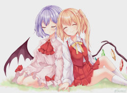 Rule 34 | 2girls, ascot, bat wings, blouse, blue hair, blush, bow, breasts, closed eyes, closed mouth, collared shirt, commentary request, crystal, eyelashes, flandre scarlet, frilled shirt collar, frills, hand on another&#039;s hand, heads together, high-waist skirt, kneehighs, light blue hair, long sleeves, medium skirt, multiple girls, on grass, orange hair, outdoors, pleated skirt, red ascot, red bow, red skirt, red vest, remilia scarlet, shiromoru (yozakura rety), shirt, short hair, siblings, side ponytail, sisters, sitting, skirt, skirt set, smile, socks, touhou, vest, white shirt, white socks, wing collar, wings, yellow ascot