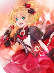 Rule 34 | 1girl, :d, alternate hair color, black bow, black bowtie, black gloves, black skirt, blonde hair, bow, bowtie, floating hair, freyja wion, gloves, green eyes, hair between eyes, hair bow, hair ornament, hara hikaru, heart, heart hair ornament, holding, holding microphone, macross, macross delta, medium hair, microphone, one side up, open mouth, red bow, red skirt, short sleeves, skirt, smile, solo, striped bow, striped bowtie, striped clothes, striped neckwear, white bow