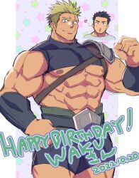 Rule 34 | 2boys, abs, armor, bara, beard stubble, biceps, blonde knight (waku), borrowed character, chibi, chibi inset, clenched hand, cowboy shot, deformed, facial hair, flexing, gift art, happy birthday, large pectorals, looking at viewer, male focus, medium sideburns, multiple boys, muscular, muscular male, navel, nipples, original, pauldrons, pectorals, revealing clothes, scar, short hair, shoulder armor, sideburns, sideburns stubble, single pauldron, solo focus, strongman waist, stubble, thick eyebrows, thick thighs, thighs, thighs together, underpec, wink heart, yakisoba ohmori, yaoi