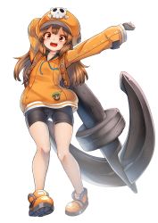 Rule 34 | 1girl, anchor, arm behind head, arm up, backpack, bag, bike shorts, black gloves, black shorts, boots, brown eyes, brown hair, fingerless gloves, full body, gloves, gluteal fold, guilty gear, hat, highres, hood, hoodie, kanichiri, long hair, may (guilty gear), open mouth, orange footwear, orange hat, orange hoodie, orange shirt, shirt, shorts, simple background, smile, solo, thighs, weapon, white background