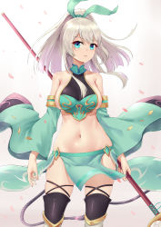 Rule 34 | 1girl, absurdres, bare shoulders, black thighhighs, blue eyes, breasts, character request, chitu hefeng zhong, copyright request, detached sleeves, green ribbon, green sleeves, hair ornament, highres, holding, large breasts, leaf, long hair, looking at viewer, navel, polearm, ponytail, revealing clothes, ribbon, sideboob, silver hair, simple background, skirt, solo, spear, standing, thighhighs, weapon, white background, wide sleeves