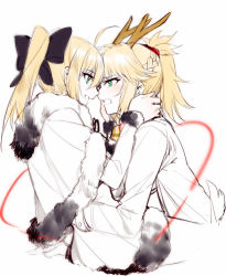 Rule 34 | 2girls, antlers, artoria pendragon (all), artoria pendragon (fate), black bow, blonde hair, blush, bow, deer tail, face-to-face, fate/grand order, fate/hollow ataraxia, fate/unlimited codes, fate (series), fur trim, green eyes, hair bow, horns, hug, incest, long sleeves, looking at another, mordred (fate), mordred (fate/apocrypha), multiple girls, open mouth, partially colored, ponytail, profile, reindeer antlers, saber lily, sketch, smile, string, string of fate, tail, upper body, white background, yorukun, yuri
