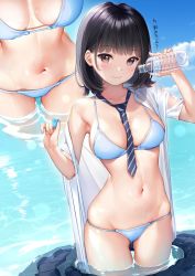 Rule 34 | 1girl, bikini, black hair, blouse, blue bikini, blue neckwear, blue skirt, bottle, breasts, brown eyes, cleavage, collarbone, commentary request, cowboy shot, day, groin, holding, holding bottle, long hair, medium breasts, mignon, multiple views, navel, necktie, original, outdoors, pleated skirt, pouring, see-through, shirt, skindentation, skirt, unworn skirt, standing, stomach, swimsuit, thighs, very long hair, wading, wet, wet clothes, wet shirt, white shirt