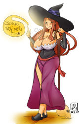 Rule 34 | 1girl, breasts, cleavage, dragon&#039;s crown, english text, female focus, gaikiken, hat, large breasts, long hair, solo, sorceress (dragon&#039;s crown), standing