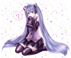 Rule 34 | 1girl, ?, ahoge, bad id, bad pixiv id, blue eyes, blue hair, boots, detached sleeves, female focus, full body, hatsune miku, long hair, matching hair/eyes, mota (melancholy-red), necktie, sitting, skirt, sleeves past wrists, solo, thigh boots, thighhighs, twintails, very long hair, vocaloid, wariza, white background