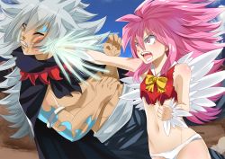 Rule 34 | 1boy, 1girl, absurdres, acnologia, blush, fairy tail, highres, long hair, open mouth, panties, pink hair, punching, underwear, wendy marvell, white panties
