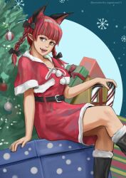 Rule 34 | 1girl, animal ear fluff, animal ears, arm support, belt, black belt, black bow, black footwear, blue background, blunt bangs, boots, bow, box, braid, breasts, candy, candy cane, capelet, cat ears, christmas, christmas ornaments, christmas tree, dress, extra ears, eyebrows hidden by hair, feet out of frame, food, fur-trimmed boots, fur-trimmed capelet, fur-trimmed dress, fur trim, gift, gift box, hair bow, hair ribbon, highres, kaenbyou rin, leg lift, long hair, medium breasts, ornament, pointy ears, pom pom (clothes), red capelet, red dress, red eyes, red hair, ribbon, santa dress, simple background, sitting, slit pupils, snowflakes, solo, touhou, tree, tress ribbon, twin braids, yagami11