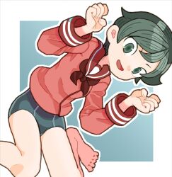 Rule 34 | 1girl, aqua eyes, aqua hair, barefoot, hands up, kantai collection, long sleeves, mogami (kancolle), neckerchief, open mouth, outline, red neckerchief, red sailor collar, red shirt, sailor collar, shirt, short hair, sicky (pit-bull), smile, solo, very short hair, white outline