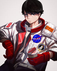 Rule 34 | 1boy, black hair, copyright request, freedom (ova), gloves, grey background, highres, holding, looking at viewer, nasa, nissin cup noodle, red gloves, ryoga, shadow, short hair, simple background, solo, takeru (freedom)