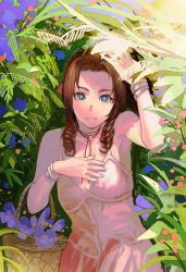 Rule 34 | 1girl, absurdres, aerith gainsborough, blue eyes, bolo tie, bow, bracelet, brown hair, dress, final fantasy, final fantasy vii, final fantasy vii remake, flower, flower basket, hair bow, highres, jewelry, laio, looking at viewer, pink dress, plant, smile, upper body