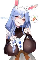 Rule 34 | 1girl, absurdres, animal ear fluff, animal ears, black bodysuit, blue hair, blush, bodysuit, bodysuit under clothes, braid, breasts, carrot, highres, hololive, licking lips, long hair, looking at viewer, mature female, multicolored hair, pekomama, rabbit ears, rabbit girl, red eyes, short eyebrows, skin tight, smile, thick eyebrows, tofuubear, tongue, tongue out, virtual youtuber, white hair