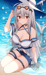 Rule 34 | 1girl, ahoge, arknights, bare shoulders, black choker, blue shorts, breasts, choker, cleavage, commentary request, eyewear on head, hand up, highres, kinona, large breasts, long hair, looking at viewer, low-tied long hair, navel, off-shoulder shirt, off shoulder, partial commentary, red eyes, seiza, shirt, short shorts, short sleeves, shorts, silver hair, sitting, skadi (arknights), skadi (waverider) (arknights), solo, sunglasses, thigh strap, thighs, very long hair, water, white headwear, white shirt