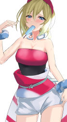 Rule 34 | 1girl, absurdres, blonde hair, blue eyes, blush, bracelet, breasts, cleavage, collar, commentary request, cowboy shot, creatures (company), eyelashes, food, game freak, hair between eyes, hairband, hand up, highres, irida (pokemon), jewelry, kaoru1307, looking at viewer, medium hair, mouth hold, neck ring, nintendo, pokemon, pokemon legends: arceus, popsicle, raised eyebrows, sash, shirt, shorts, solo, strapless, strapless shirt, sweat, white shorts