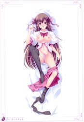 Rule 34 | 1girl, absurdres, black thighhighs, blue eyes, blush, breasts, brown hair, clothes pull, copyright request, d:, dakimakura (medium), full-face blush, full body, hair ribbon, highres, large breasts, leg up, long hair, lying, nipples, no bra, open clothes, open mouth, open shirt, panties, pink panties, pussy juice, ribbon, satou satoru, shirt, side-tie panties, skirt, skirt around one leg, skirt pull, solo, spread legs, thighhighs, underwear, very long hair