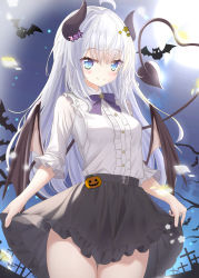 Rule 34 | 1girl, aruka (alka p1), black horns, black skirt, black wings, blue eyes, blush, buttons, closed mouth, clothes lift, cowboy shot, demon horns, demon tail, demon wings, frilled skirt, frills, hair between eyes, halloween, halloween costume, hibiki (kancolle), highres, horns, kantai collection, lifting own clothes, long hair, long sleeves, shirt, skirt, skirt lift, smile, solo, tail, verniy (kancolle), white hair, white shirt, wings