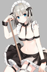 Rule 34 | 1girl, arm belt, bare shoulders, between breasts, between legs, black nails, black skirt, blue eyes, breasts, cleavage, closed mouth, collar, collarbone, commentary request, cowboy shot, frilled skirt, frills, frown, grey background, groin, hair ribbon, hand up, holding, looking at viewer, maid, maid headdress, medium breasts, medium hair, miniskirt, nail polish, navel, original, ribbon, silver hair, skirt, solo, stomach, strap, v-shaped eyebrows, wristband, yon (letter)