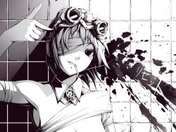 Rule 34 | 1girl, bandages, bandage over one eye, blood, blood stain, cigarette, finger gun, finger gun to head, goggles, goggles on head, grin, gumi, headphones, monochrome, pointing, pointing at self, reset (vocaloid), short hair, smile, smoking, solo, suicide, torigoe takumi, vocaloid