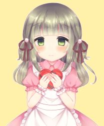 Rule 34 | 1girl, apron, blush, box, brown ribbon, caramel (caramelmilk), closed mouth, collared shirt, empty eyes, fingernails, frilled apron, frills, gift, gift box, green eyes, green hair, hair ornament, hair ribbon, hands up, heart-shaped box, holding, holding gift, long hair, maid apron, original, own hands together, pink shirt, pink skirt, puffy short sleeves, puffy sleeves, ribbon, shirt, short sleeves, simple background, skirt, smile, solo, valentine, white apron, wrist cuffs, yandere, yellow background