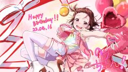 Rule 34 | 1girl, balloon, boots, brown hair, dated, fingerless gloves, gloves, happy birthday, heart, high heel boots, high heels, highres, jacket, looking at viewer, medal, medalist (manga), moc 0625, one side up, open clothes, open jacket, open mouth, pink eyes, short hair, shorts, sleeveless, sleeveless jacket, smile, solo, teeth, thighhighs, upper teeth only, white thighhighs, yuitsuka inori