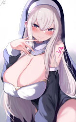 Rule 34 | 1girl, absurdres, black dress, blonde hair, blue dress, breasts, cleavage, closed mouth, dated, detached sleeves, dress, eyes visible through hair, habit, hair between eyes, hand up, highres, huge breasts, long hair, long sleeves, looking at viewer, nail polish, nun, open mouth, original, paid reward available, pink sweater, shoulder tattoo, signature, solo, sweater, tattoo, white nails, yuzuki himuka