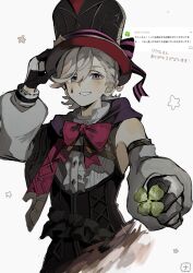 Rule 34 | 1boy, black hat, blush, bow, bowtie, clover, detached sleeves, facial mark, four-leaf clover, genshin impact, gloves, grey hair, hair between eyes, hand on headwear, hat, hat bow, highres, holding, looking at viewer, lyney (genshin impact), male focus, mizunako, purple eyes, signature, simple background, solo, star (symbol), teardrop facial mark, translation request