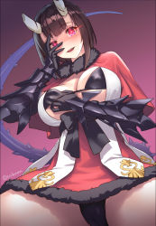 Rule 34 | + +, 1girl, artist name, black bow, blush, bob cut, bow, bra, breasts, broken horn, brown hair, capelet, commentary, cuboon, dress, eriko (princess connect!), fur-trimmed capelet, fur-trimmed skirt, fur trim, gloves, hand on own chest, hand on own face, highres, horns, large breasts, open clothes, open mouth, panties, princess connect!, purple background, purple eyes, red capelet, red dress, shaded face, shirt, short hair, skirt, solo, spiked tail, spread legs, tail, teeth, twitter username, underwear, white shirt