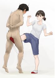 Rule 34 | 1boy, 1girl, abstract background, absurdres, arms behind back, arms up, back, ball busting, barefoot, bdsm, black hair, blue shorts, blush, brown hair, cbt, clothed female nude male, crotch kick, femdom, full-face blush, full body, highres, nude, original, ponytail, seset, shirt, shoes, short hair, short ponytail, short sleeves, shorts, simple background, socks, sweat, t-shirt, trembling, uwabaki, white background, white footwear, white shirt