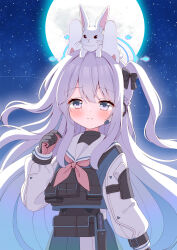 Rule 34 | 1girl, animal, animal on head, azel (laevateinn495), blue archive, blue halo, blue skirt, blush, braid, closed mouth, earpiece, full moon, grey hair, hair between eyes, halo, highres, long hair, long sleeves, looking at viewer, miyako (blue archive), moon, neckerchief, on head, one side up, pink neckerchief, pleated skirt, purple eyes, rabbit, sailor collar, skirt, smile, solo, two-tone gloves, two-tone skirt, white sailor collar, white skirt