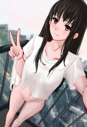 Rule 34 | 1girl, absurdres, black hair, bottomless, brown eyes, cityscape, closed mouth, collarbone, dutch angle, exhibitionism, feet out of frame, female focus, highres, holding, holding clothes, holding panties, holding underwear, long hair, looking at viewer, navel, original, outdoors, panties, unworn panties, photo background, public indecency, pussy, railing, shirt, short sleeves, smile, solo, standing, thighs, torn clothes, torn shirt, underwear, v, white panties, white shirt, yuanfang de baihua l&iacute;n