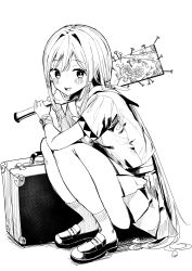 Rule 34 | 1girl, :d, absurdres, blush, floral print, full body, greyscale, hagoita, hands up, highres, holding, loafers, long hair, looking at viewer, monochrome, nail (hardware), open mouth, original, paddle, piripun, pleated skirt, shadow, shirt, shoes, short sleeves, simple background, skirt, smile, socks, solo, squatting, suitcase, very long hair, white background