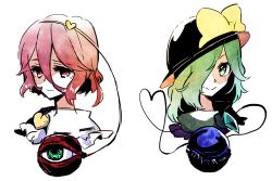 Rule 34 | 2girls, black headwear, bow, buttons, closed mouth, commentary, diamond button, eyebrows hidden by hair, frilled shirt collar, frills, green eyes, green hair, hair between eyes, hair ornament, hair over one eye, hairband, hat, hat bow, heart, heart button, heart hair ornament, heart of string, komeiji koishi, komeiji satori, medium hair, meiji (charisma serve), multiple girls, pink eyes, pink hair, portrait, ribbon trim, short hair, siblings, simple background, sisters, smile, third eye, touhou, wavy mouth, white background, yellow bow