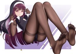 Rule 34 | 1girl, absurdres, cameltoe, feet, highres, leotard, light blush, long hair, looking at viewer, nun, pantyhose, parted lips, pink eyes, purple hair, smile, soles, toes