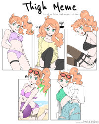 Rule 34 | 1girl, :o, alternate costume, ball, beachball, bikini, black bra, black thighhighs, bra, breasts, brown thighhighs, buttons, closed mouth, commentary request, creatures (company), dede (qwea 00000), english text, eyelashes, eyewear on head, flower, game freak, garter belt, garter straps, green eyes, green nails, green shirt, hair flower, hair ornament, hand on own hip, heart, heart hair ornament, highres, holding, kneeling, korean commentary, lab coat, long hair, looking at viewer, meme, multiple drawing challenge, multiple views, nail polish, navel, nintendo, open mouth, orange hair, panties, pants, parted lips, pokemon, pokemon swsh, purple bikini, purple bra, purple panties, ribbed shirt, shirt, shirt cut meme, side ponytail, smile, sonia (pokemon), sunglasses, swimsuit, thigh strap, thighhighs, torn clothes, torn pants, underwear, yellow shirt