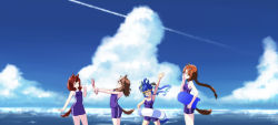 Rule 34 | 4girls, absurdres, adjusting eyewear, ahoge, animal ears, aqua hair, blue hair, blue one-piece swimsuit, blue school swimsuit, blue sky, blunt ends, blurry, blurry background, braid, braided ponytail, brown hair, chenofil, closed eyes, clothing cutout, cloud, cloudy sky, commentary, contrail, day, depth of field, diving mask, ear ornament, from side, glasses, goggles, hair ornament, hair tie, hairclip, handheld electric fan, highres, holding, holding swim ring, horizon, horse ears, horse girl, horse tail, ikuno dictus (umamusume), innertube, kickboard, long hair, looking at another, looking back, matikane tannhauser (umamusume), medium hair, multicolored hair, multiple girls, nice nature (umamusume), nontraditional school swimsuit, one-piece swimsuit, open mouth, outdoors, school swimsuit, sharp teeth, single braid, single vertical stripe, sky, smile, snorkel, standing, streaked hair, swim ring, swimsuit, tail, tail through clothes, teeth, tracen swimsuit, twin turbo (umamusume), twintails, umamusume, waving, wide shot